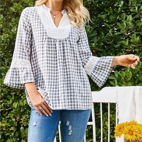 New Suzanne Betro Gray Gingham Lace Bib Peasant Top US XL - Picture 2 of 9